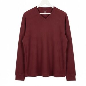 Consensus Mens Medium Ribbed Knit V-Neck Shirt Long Sleeve Marled Burgundy‎
